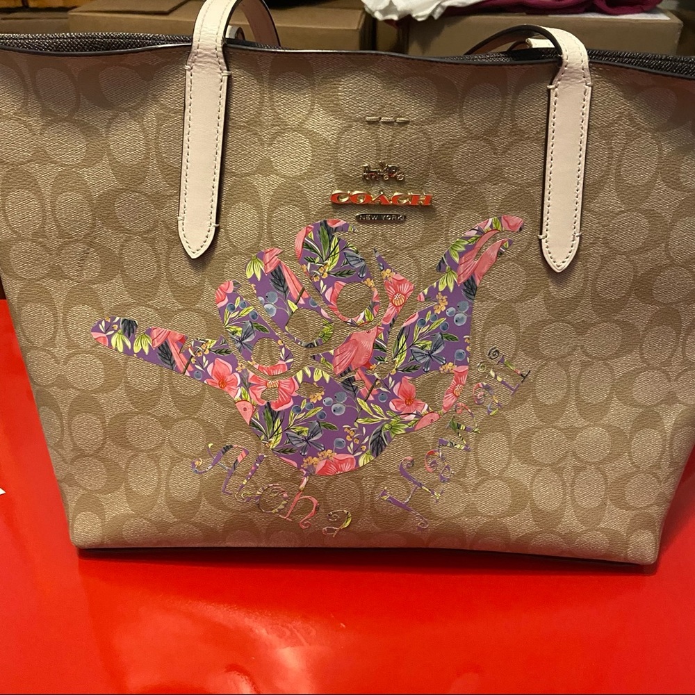 Coach tote 17x11” Hawaii hang loose with flowers